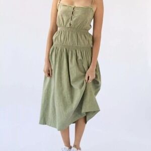 Urban Outfitters Ella Dress XL Linen Midi Drop Waist Green Moss Boho Cottage